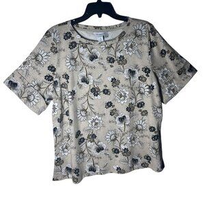 Liz Claiborne Floral Print Short Sleeve Top Women's Size XXL Beige‎ Cotton NEW